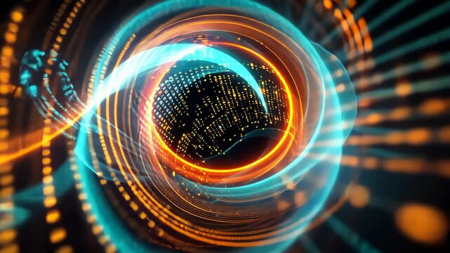 Dynamic neon vortex with futuristic data streams and rotating light patterns. Big data visualization - Powered by Adobe