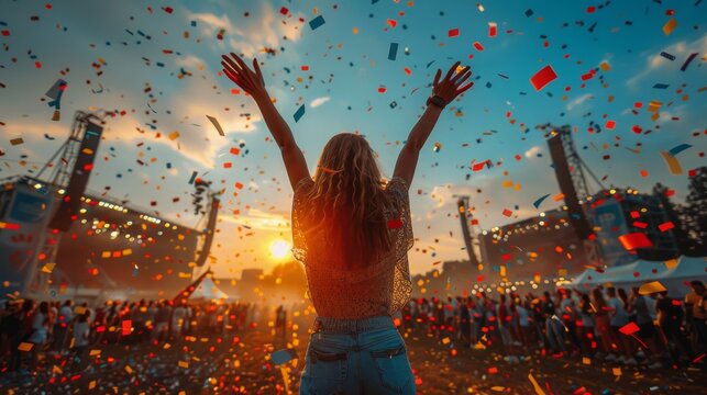 A joyful woman raises her arms in celebration as colorful confetti rains down during a vibrant music festival at sunset, capturing the essence of freedom and happiness.