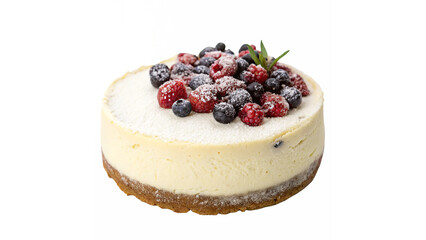 Delicious Cheesecake Topped with Fresh Berries and Dusting of Powdered Sugar isolated on transparent background 