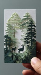 Enchanted Forest Journey - Papercut Art of Deer in Misty Woods Held by Fingertips, Symbolizing Discovery in Life Path