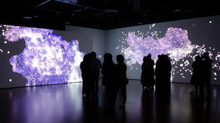 People observing digital light art installation