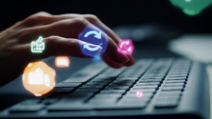 Digital health security, hand on keyboard with glowing icons showing healthcare protection cyber safety and medical data security for tech or health visuals - Powered by Adobe