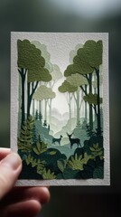 Enchanted Forest Discovery - Papercut Art with Deer and Trees | Tranquil Green and Grey Nature Scene in Card Held by Fingertips