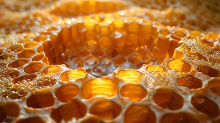 An intricate close-up of a honeycomb filled with golden bubbles that showcase its fascinating texture, representing the beauty of nature's craftsmanship and the sweetness of life.