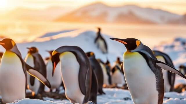 Gentoo penguin colony in the South Pole, Antarctic Peninsula. A large group of wild animals resting on a snowy hill, cold sea and mountains in the background. 4k video