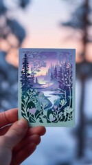 Enchanting Papercut: Handcrafted Card with Lavender and Mint Northern Lights over Frozen Lake - Magic and Transformation Art