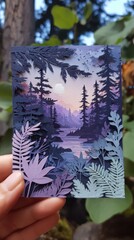 Enchanting Northern Lights Papercut: Magical Transformation of Lavender and Mint Skies over Frozen Lake Handheld Card