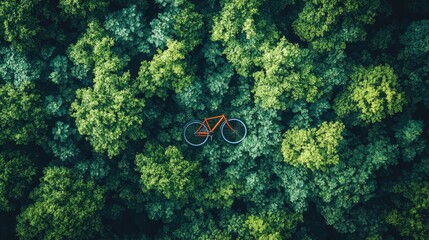 Aerial View of Orange Bicycle Surrounded by Lush Green Forest Canopy