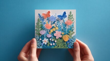Spring Garden Papercutting Art - Rebirth and New Paths Symbolized on Pastel Card with Butterflies and Blossoms, Fingers Holding Carefully