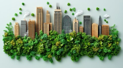 Obraz premium Urban Skyline Surrounded by Lush Greenery on Soft Gray Background