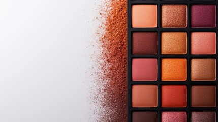 Fototapeta premium A beautifully arranged eye shadow palette showcasing a spectrum of warm hues, perfect for enhancing beauty and creating stunning makeup looks for any occasion.