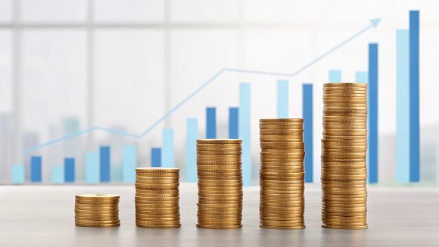 Stacks of coins illustrate financial growth against a backdrop of rising bar graphs, symbolizing investment and prosperity.