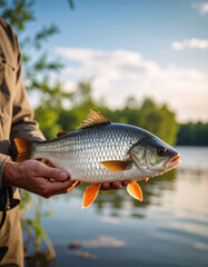 Fototapeta premium A freshly caught fish is proudly held up by two hands against the backdrop of a calm lake and lush green trees under the warm sunlight. 