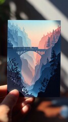 Hand holding papercut card with cliffside train in misty hills, pastel tones of speed and reflection blend, artistic motion concept