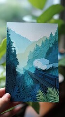 Tranquil Journey: Papercut Art of Cliffside Train in Misty Hills - Pastel Tones and Reflection Blending Speed and Serenity