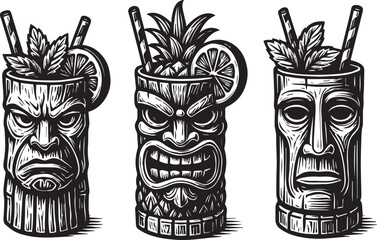 set of 3 tiki cocktails vector illustration