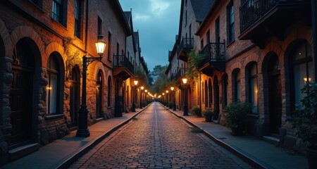 Old Town Road with Street Lamps at Dusk in a Quiet Neighborhood