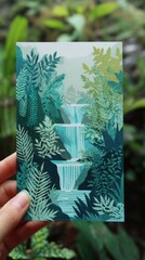 Ethereal Jungle Waterfall Paper Cutout - Handcrafted Papercutting Art of Cascading Waterfall in Pastel Greens and Aqua Blues