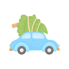 Car with Christmas tree. Element of the New Year. Illustration for a postcard