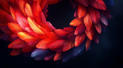 Vibrant Feather Wreath in Red and Blue Colors on Dark Background