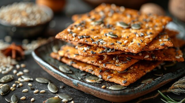 An enticing display of homemade seed crackers arranged neatly on a dark surface, highlighting their nutritional value and aesthetic appeal for healthy snacking.
