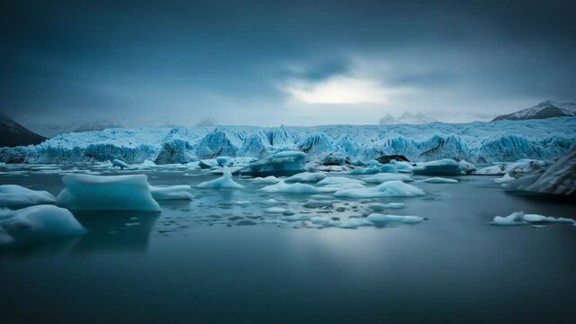 Turquoise glacier fragments drift in frigid water