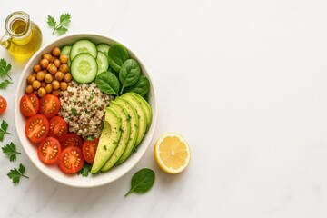 Heart-Healthy Mediterranean Diet Bowl with Fresh Organic Ingredients Nutritional Wellness Banner Template with Copy Space