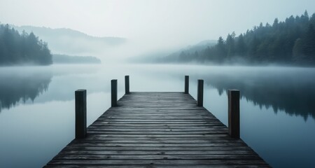 Misty Lake with Wooden Dock Under Soft Morning Light