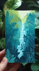 Mystical Jungle Waterfall Papercutting Art - Ethereal Nature Landscape in Pastel Colors Handcrafted on Paper Card