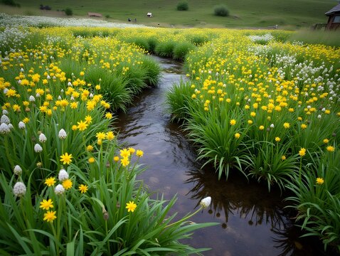 A picturesque scene of a meadow filled with colorful flowers and a flowing stream.