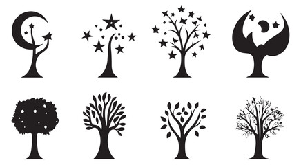 Obraz premium Eight Black Silhouette Trees Stars Moon Icons vector
