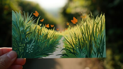 Whimsical Paper-cutting Art of Path in Tall Grass with Butterflies and Sunlight on Card Held in Hand
