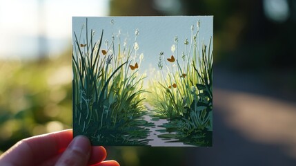 Serene Journey: Hand holding a Papercut Card with Path in Tall Grass, Butterflies, and Pastel Sunlight Filtering Through for Art and Creativity Concept.
