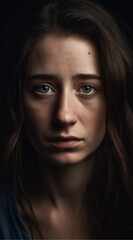 Fototapeta premium A European woman, with straight brown hair, dressed in a plain blue, tight shot on her face and shoulders, her face etched with sadness, eyes red-rimmed and teary, lips pursed in pain