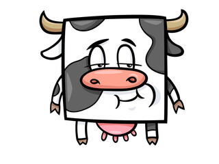 Funny Cartoon Square Cow with a Bored Expression on Farm