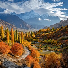 Beautiful landscape in autumn in Hunza, Pakistan