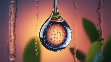A glass droplet filled with smaller bubbles, hanging against a rain-streaked window with an orange sunset background.