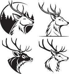 bundle collection of 4 deer head silhouette variations, featuring different styles including forest backgrounds, minimal outlines, and bold profiles. Ideal for diverse branding, print projects, or bun
