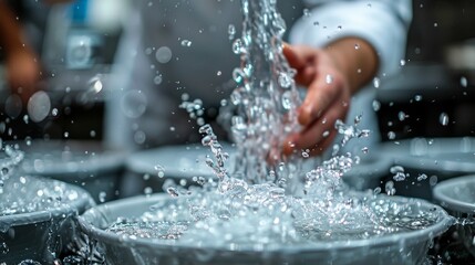 An exciting scene of splashing water in a bustling kitchen environment captures the essence of culinary creativity and the joy of cooking with fresh ingredients.