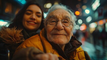 Obraz premium A heartwarming moment of a cheerful elder with a young companion, showcasing the bond of friendship against a vibrant urban backdrop illuminated by city lights.