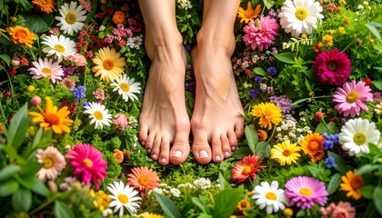 Barefoot woman in flower meadow.