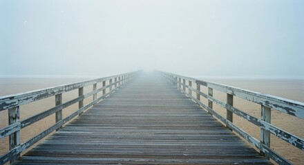 Fototapeta premium Foggy Beach Boardwalk Leading into Mystery of the Unknown Horizon
