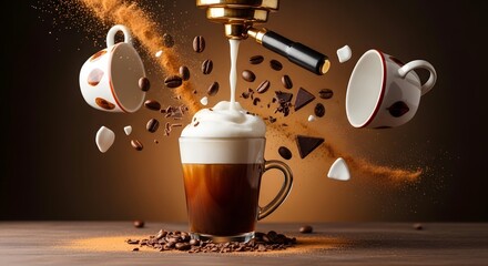 Artisan Coffee Drink Ingredients Floating Beverage Photography isolated on white background
