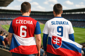 Czechia and Slovakia fans with national flags at stadium

