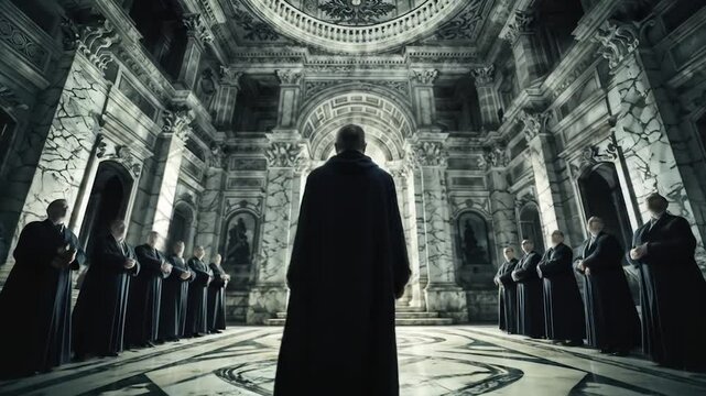 Vatican Curia with different priests and members of the Catholic Church, inside a luxurious palace, choosing the next Pope. Meeting of bishops for a conspiracy theory