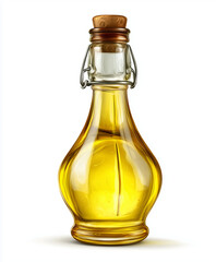 Elegant glass bottle filled with golden cooking oil, sealed with a cork and metal clasp, isolated on white background.