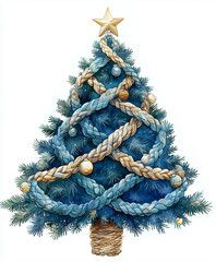 Decorative Christmas tree adorned with golden and blue braided macrame garlands and a star topper, isolated on white.