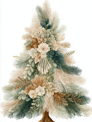 Elegant Christmas tree made of layered botanical elements in muted beige, green, and ivory, featuring delicate floral accents.