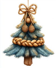 Rustic macrame-style Christmas tree with braided rope decorations, pine branches, and wooden ornaments, hanging on a white background.