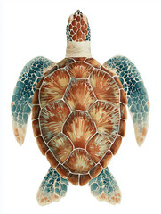 Detailed top-down illustration of a sea turtle with textured shell and patterned flippers, isolated on white. Ideal for nature, marine life, or educational themes.